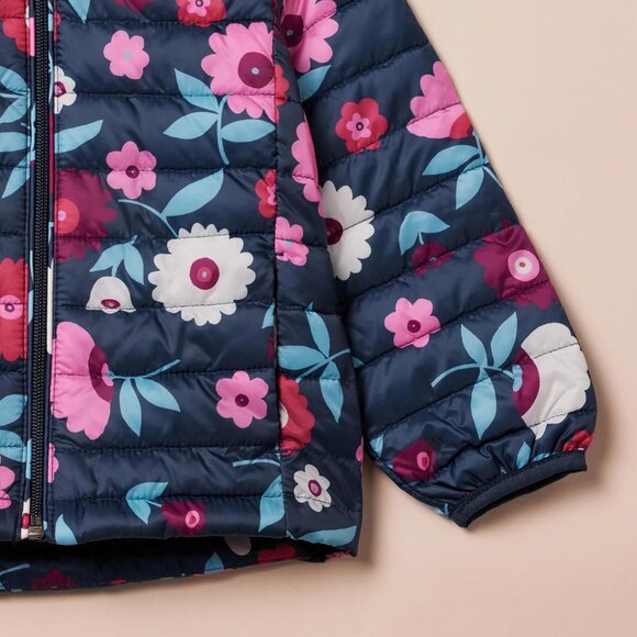 Girls Navy Floral Lightweight Water Resistant Hooded Puffer Jacket Winter Coat - Picture 5 of 7
